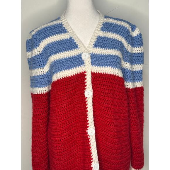 Hand Crocheted Cardigan Sweater Red, White and Blue. Size Large - Picture 2 of 8
